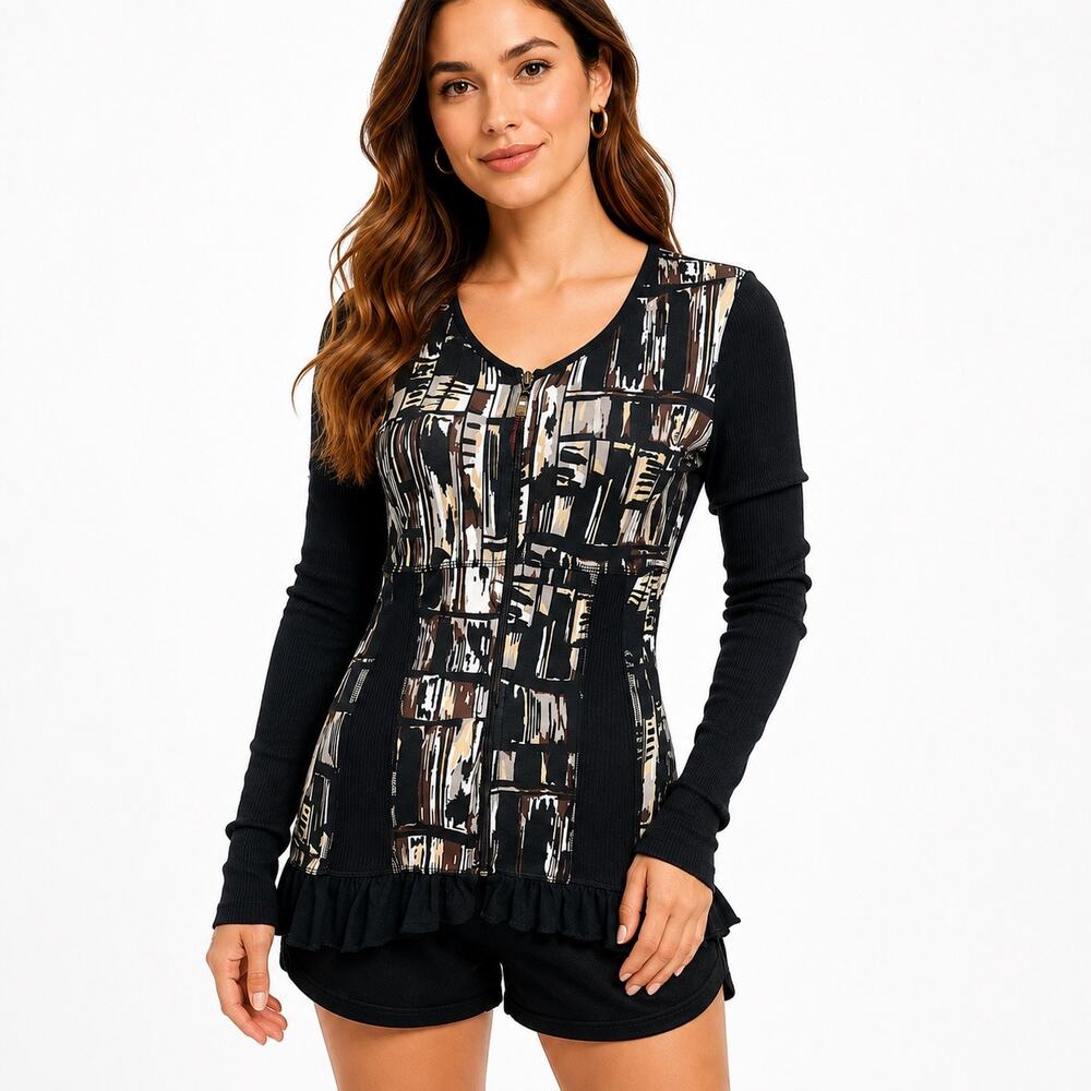 Dolcezza Womens Full Zip Tunic Top Black Brown Abstract Ribbed Ruffle Hem XS S